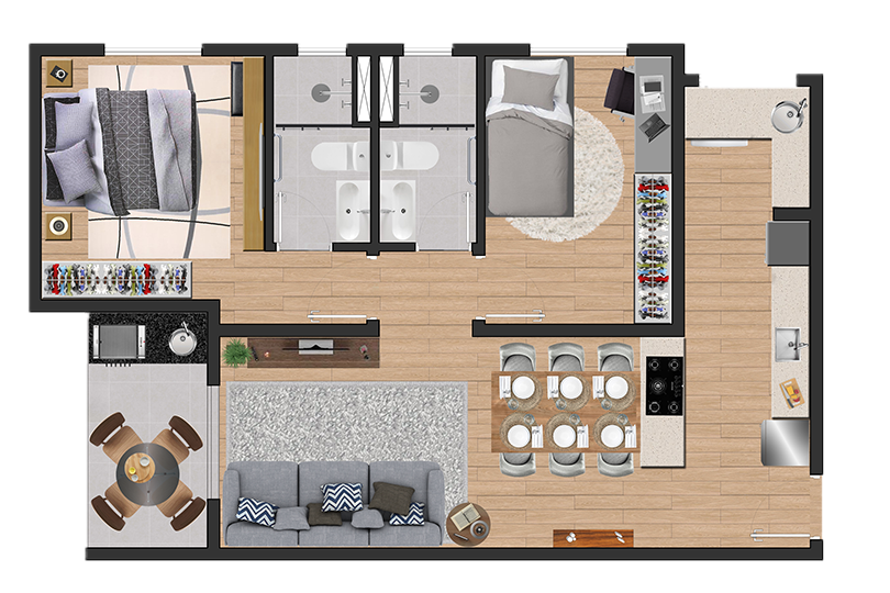 Planta Tipo 58m² - 2 dorms c/ 1 suíte