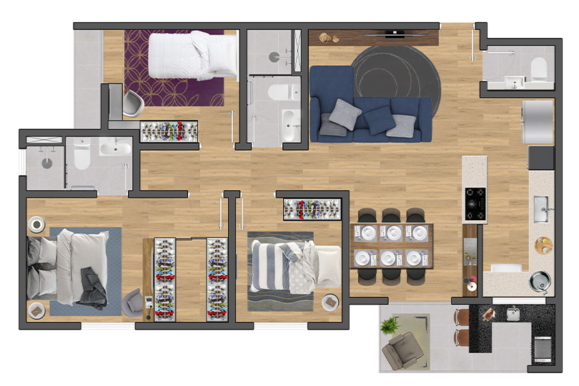 Planta Tipo 79m² - 3 dorms c/ 1 suíte